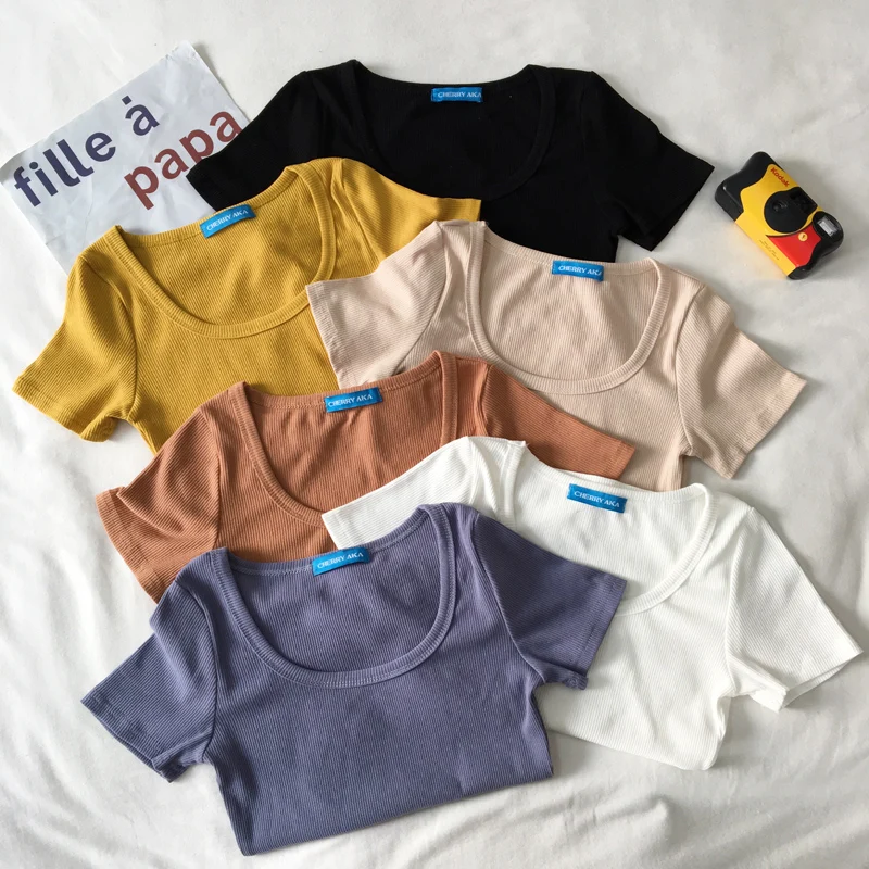 

2019 Korean Summer T-shirt Women Sexy Solid Casual Lady Tops fashion Cotton Tshirt Female Square Collar crop harajuku Cute Tees