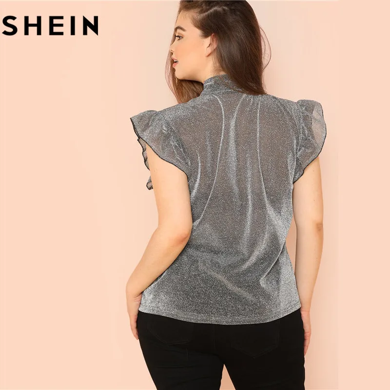  SHEIN Grey Ruffle Trim Tie Neck Plus Size Women Thin Blouses Summer Polyester Sleeveless Elegant Of