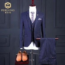 Maßgeschneiderte Blau Streifen Männer Anzüge Marke Mode Blazer Slim Fit Prom Bräutigam Hochzeitsanzug Jacke + Pants + Weste 3 Stück S-6XL