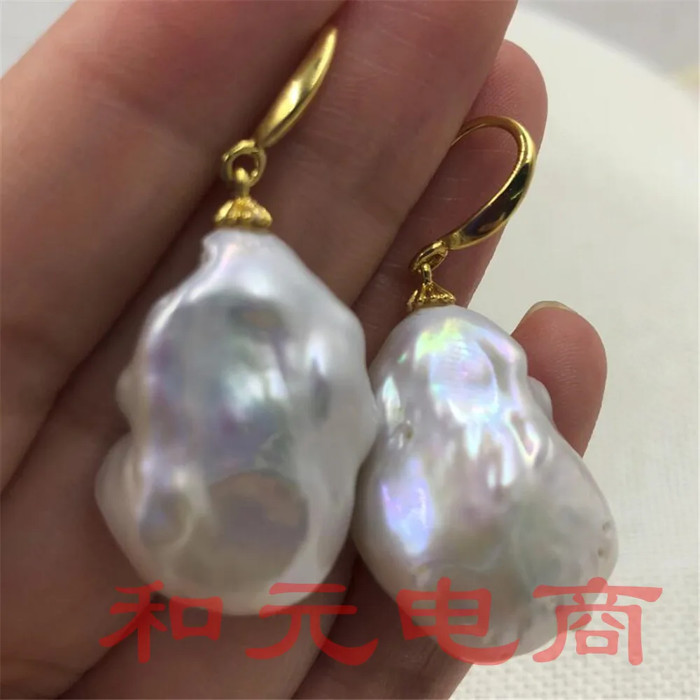 

20-30MM HUGE baroque south sea pearl earrings GOLD TwoPin creamy hand-made aurora Gold hooks natural AAA earbob pendant