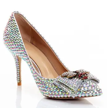 

bling bling woman rhinestones pointed toe Bee bow crystal wedding shoes bride pointed toe diamonds high heel wedding shoes