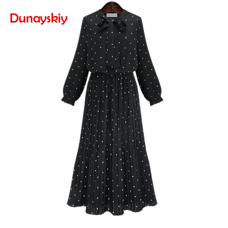 

2019 New Spring Round Neck Long Sleeve Solid Black Chiffon Dot Loose Big Size Dress Women Fashion Tide Ankle-Length Bohemian