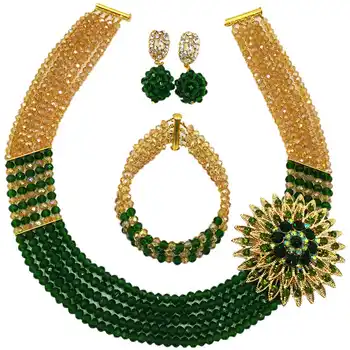 

Dark Green Gold AB Nigerian Wedding Beads African Necklace Costume Jewelry Sets for Women 5C-SXJB007