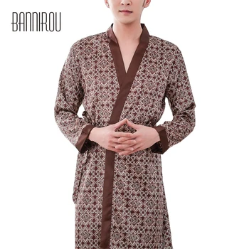

Bathrobes Man Full Thin Slap-up Faux Silk Plaid Brown Simple Cool High Quality Male Home Clothings Spring Summer Autumn One Size