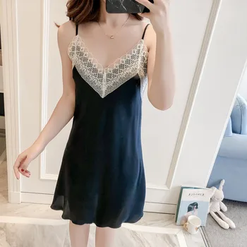 

2020 Summer Lace Trim Mini Nightgown Home Dress Deep V-Neck Sleepwear Solid Comfortable Sleep Gown Srtap Nightdress Negligee