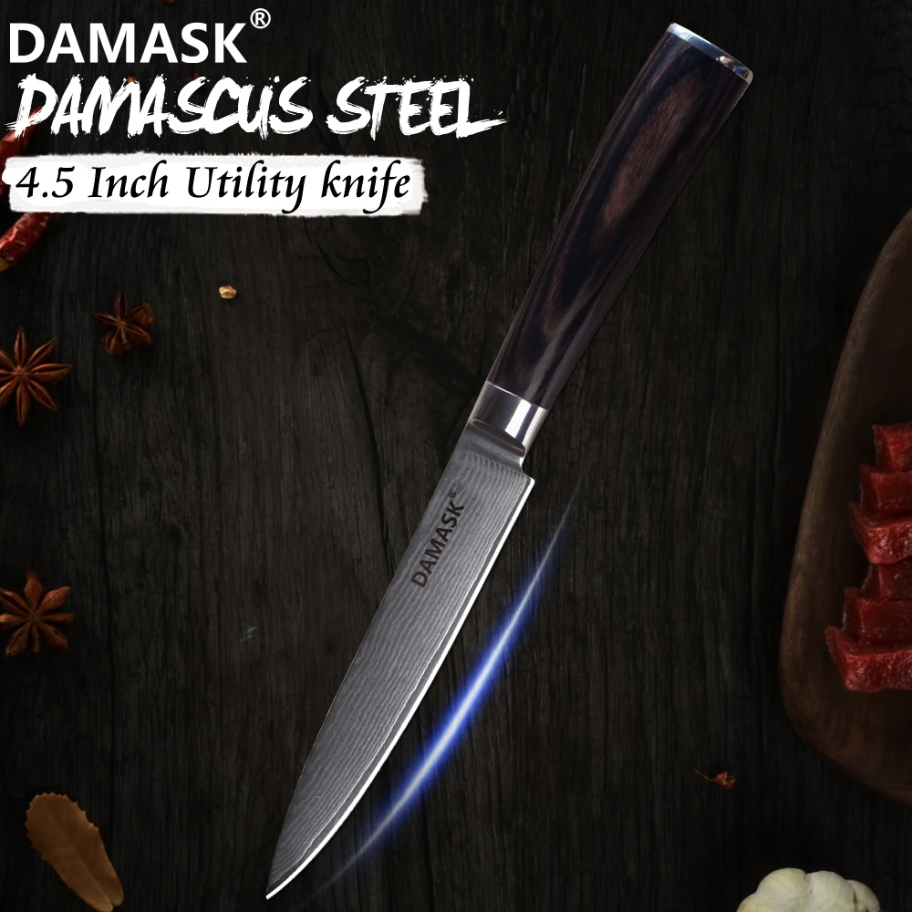 

Damask 4.5 inch Damascus Steel Utility Knife 67 Layer Razor Sharp Blade Damascus Knives Japanese Chef Sashimi Cooking Cutlery