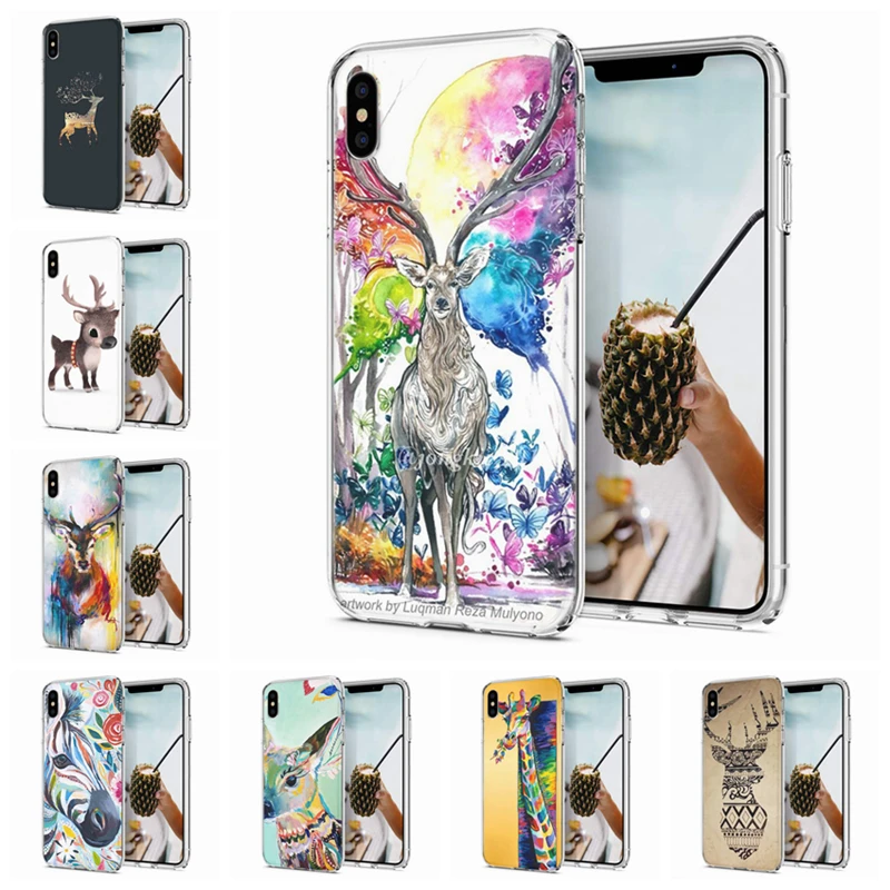 Мягкий чехол для iPhone X XS XR чехлы из ТПУ цветной с милым оленем и животным узором