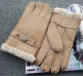 

Men's autumn winter thicken warm thermal fleece lining riding glove male natural sheepskin leather fur driving glove R571