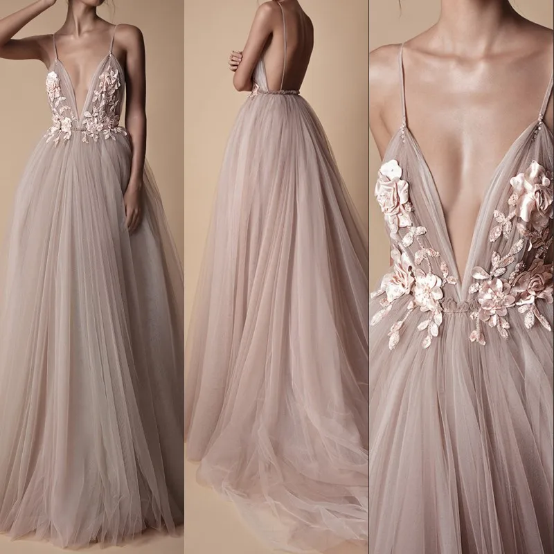 

Sexy Tulle Long Evening Dress 2019 New Arrival Backless Court Train Flowers Blush A-Line Special Occasion Prom Gowns Custom Made