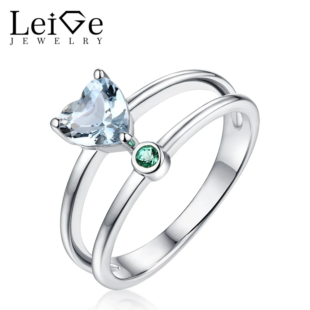 Leige Jewelry Aquamarine Ring Double Band Heart Cut Delicate Love Gift for Women Sterling Silver Wedding Rings March Birthstone