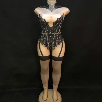 

Festival Women Bright Rhinestones Sexy Bodysuit And Gloves Prom Party Stage Female Singer Dance Wear Sleeveless Stretch Leotard