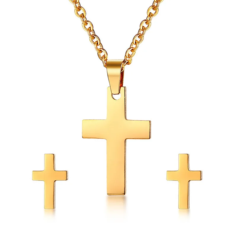Gold Tone Cross Jewelry Sets for Women Female Stainless Steel Earrings