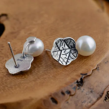 

Thai silver inlaid pearl earring S925 pure silver process of exquisite freshwater pearl flower earrings new products