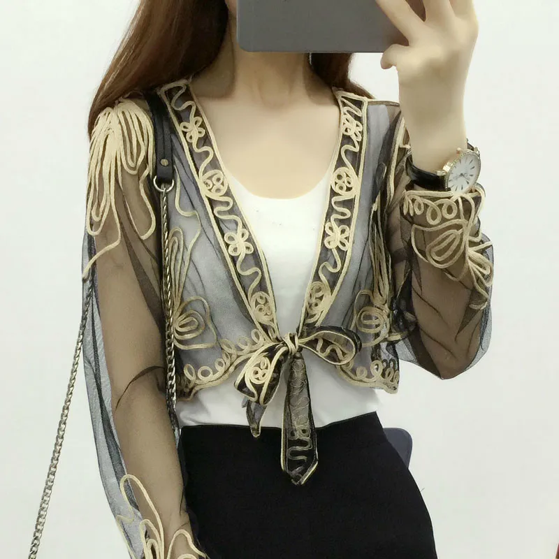 Casual V-neck Long Sleeve Hollow Out Crochet Lace Cardigan Sunscreen Shirt Blusas Summer Women Tops Camisas