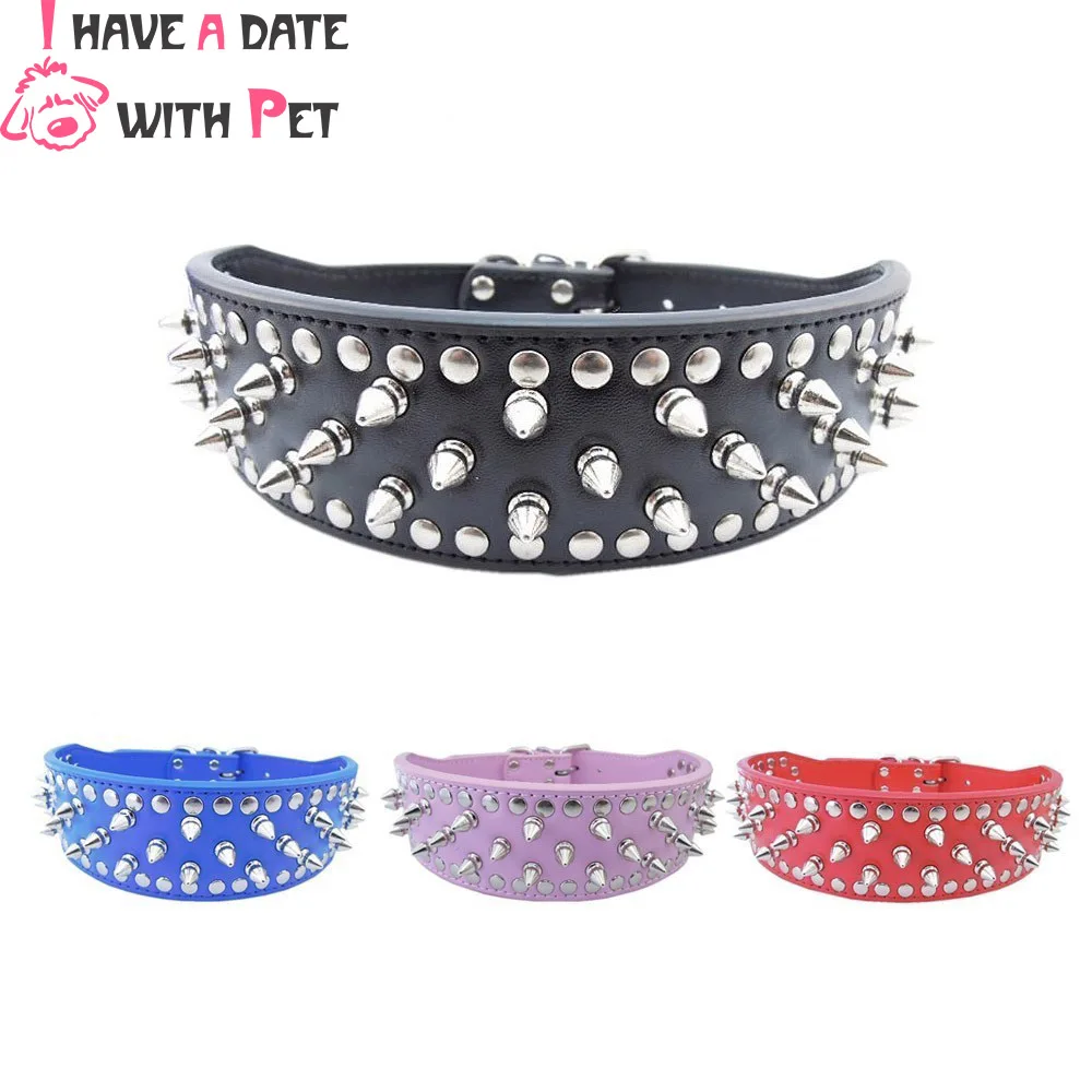 

Sharp Spiked Studded Dog Collar Leather Collars for Large Big Dog Pitbull Mastiff Bulldog Shepherd 2 inch Width Black Pink