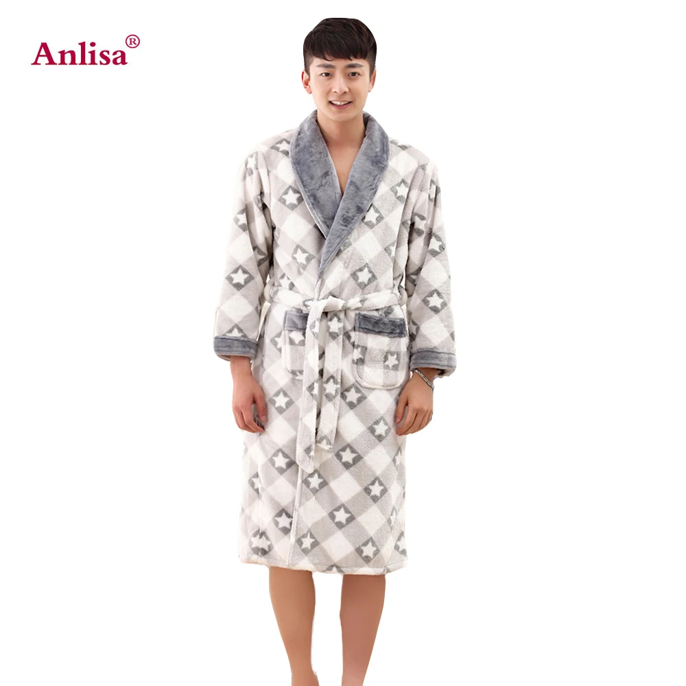 Anlisa Brand Clothing Winter Long Robe Sexy Men's Dressing Gowns Gray