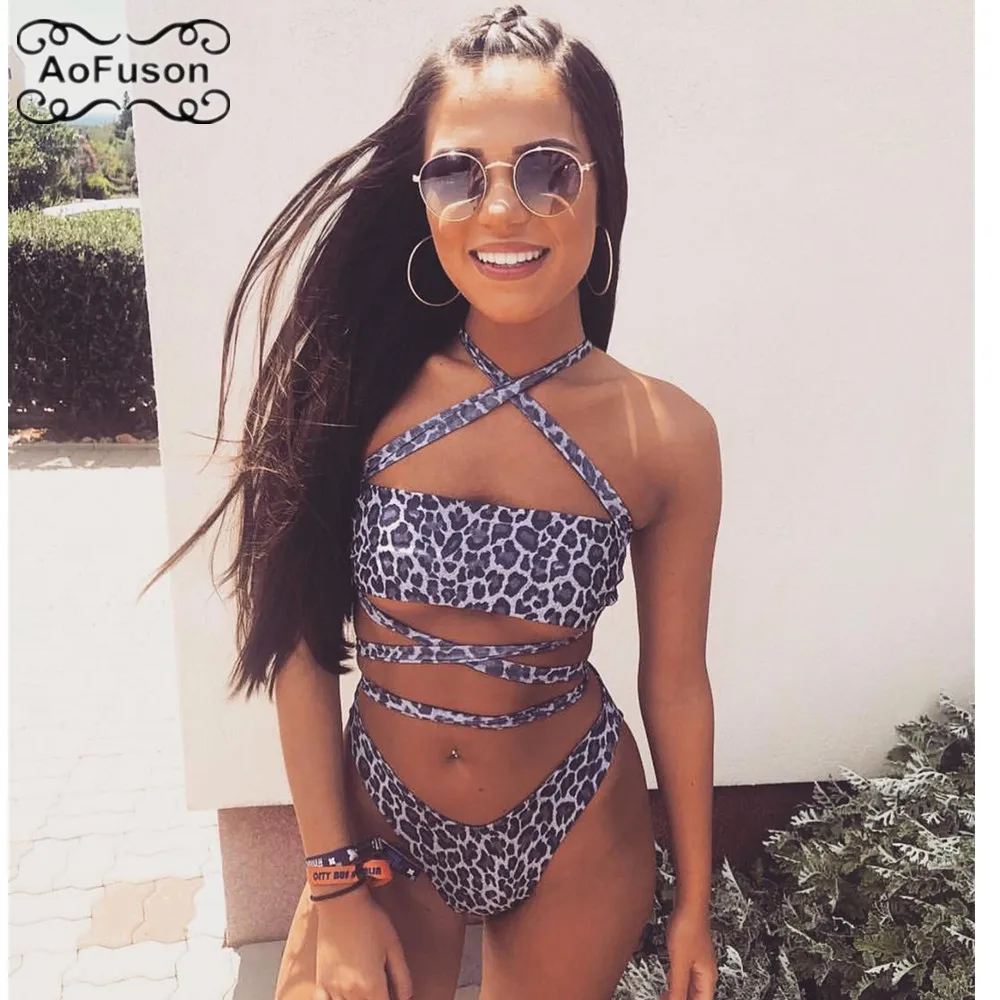 

2019 Sexy Bandeau Push Up Bikinis Set Snake Leopard Swimsuit Women Cross Bandage Halter Bikini Set Beach Bathing Suit Swim Wear