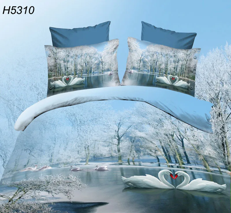 Hd Digital Swans 3d Bedding Set Snow Trees 3d Comforter Cover Bed