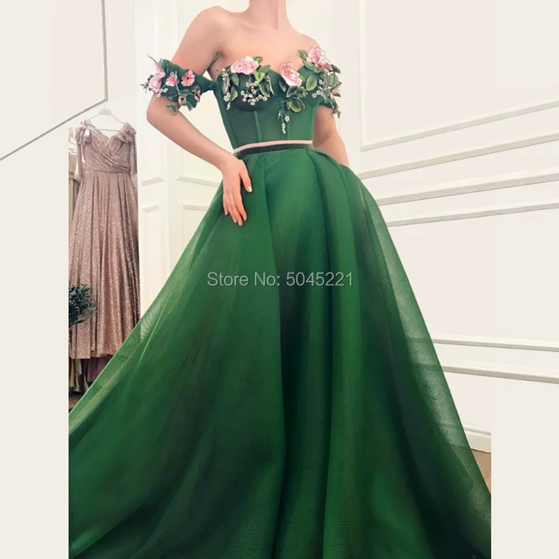 

Dark Green Arabic Off the Shoulder Evening Dresses A Line Formal Prom Dress Party Gowns Kaftans Vestidos De Festa 2019