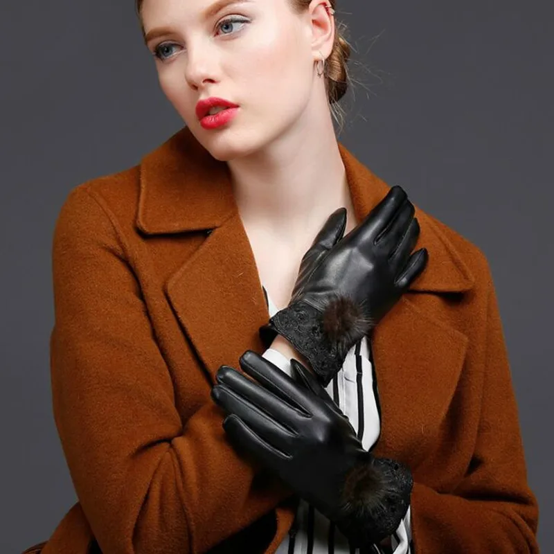 Женские зимние кожаные перчатки с имитацией бархата, утепленные варежки для езды на велосипеде, кружевные меховые Шаровые муфты H3245