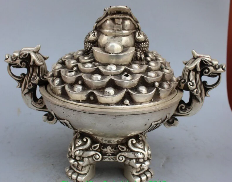 

15" Marked Silver Wealth Toad Spittor Frog Cicada Dragon Lion Incense Burner Pot R0709
