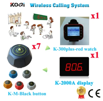 

Wireless Call Bell System Display Of Show 3-digit Number Watch Pager Caller Bells Free Shipping(1 display+1 watch+7 call button)