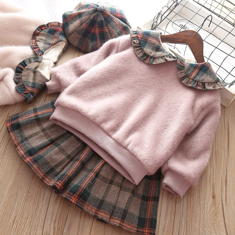 Новинка; осенне-зимняя одежда для маленьких девочек; клетчатый плюшевый свитер с длинными рукавами; пуловер и юбка; комплект одежды для детей из двух предметов; Верхняя одежда; костюм