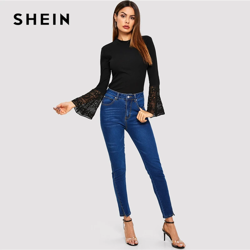 SHEIN Black Floral Lace Insert Bell Sleeve Tee Elegant Plain Slim Fit Long Sleeve T-shirt Women OL Work 2019 Spring Tops