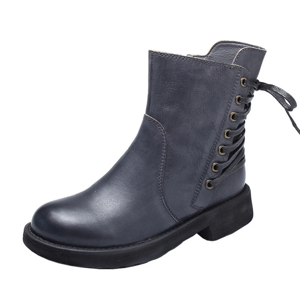 Ankle Zipper Snow Riding Equestrian Solid Med Heels Lace up Boots