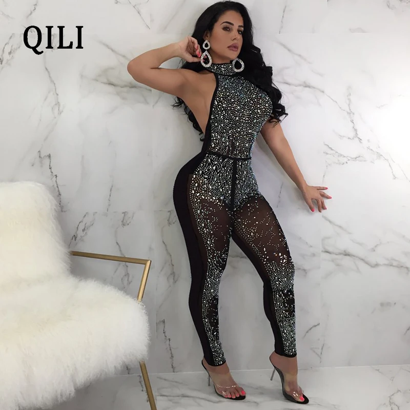 QILI Women Diamond Rhinestone Mesh Jumpsuits Tee Through Halter Sleeveless Backless Sexy Jumpsuit Nightclub Bodycon Jumpsuits