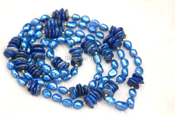 

lapis lazuli baroque and freshwater pearl blur baroque 9-10mm necklace 43inch wholesale nature beads FPPJ