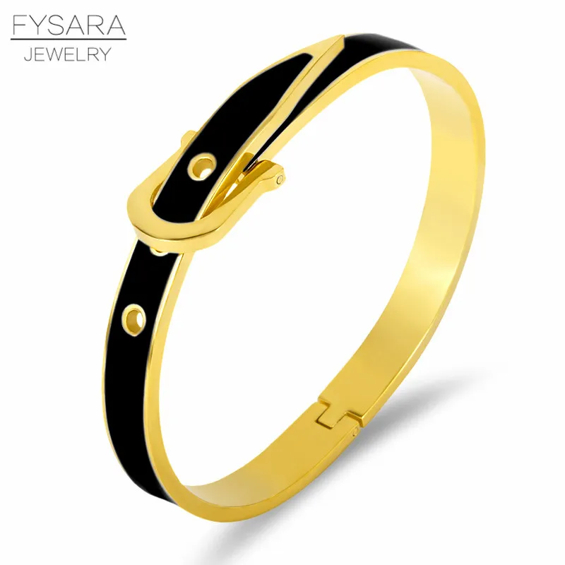 FYSARA любовные Браслеты и браслеты для женщин и мужчин с пряжкой на ремне, эмалевые браслеты из нержавеющей стали, классические ювелирные изделия - Окраска металла: Gold Black