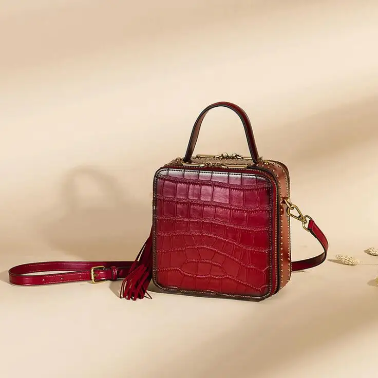 ESUFEIR, новинка, натуральная кожа, женские сумки, Аллигатор, прошитая, женская сумка на плечо, кисточка, сумка-мессенджер, винтажная, маленькая, квадратная сумка - Цвет: Wine red