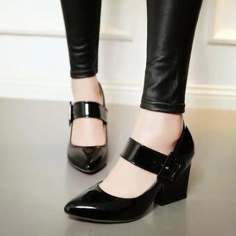 Туфли лодочки женские на высоком каблуке Мэри Джейн толстом красные черные белые