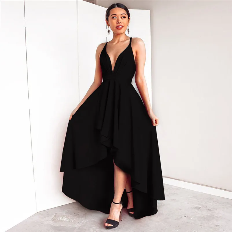 Fashion summer dress 2018 black dress Womens Backless V Neck Party Asymmetry Dress Cocktail Prom Bridesmaid Gown vestido J12#N (7)