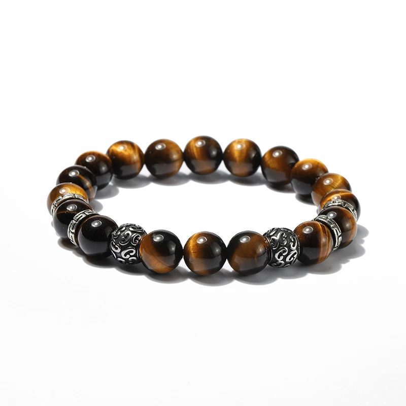

Fashion 10mm natural stone beaded mens bracelets Tiger eye stone stainless steel metal bracelet jewelry