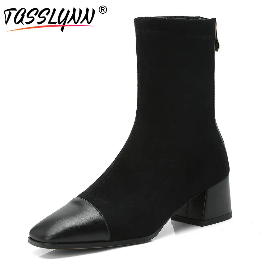 

TASSLYNN 2019 Women Boots Elegant Autumn Shoes Woman Square High Heels Square Toe Mid-calf Boots Wedding Women Shoes Size 34-40