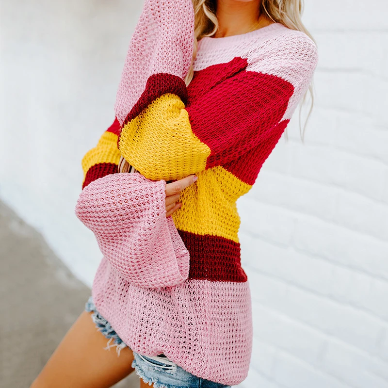Ladies Sweater Rainbow Color Loose Bell Sleeve Pullover Blouses Autumn Winter Tops Female Long Sleeve Fashion Casu Ladies Sweater Rainbow Color Loose Bell Sleeve Pullover Blouses Autumn Winter Tops Female Long Sleeve Fashion Casu