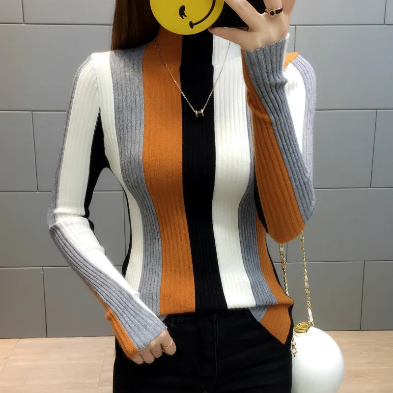 

Female Sweater New Autumn Winter Half Turtleneck Striped Slim Body Elasticity Short Knit Pullover Women Bottom Sweater LP032