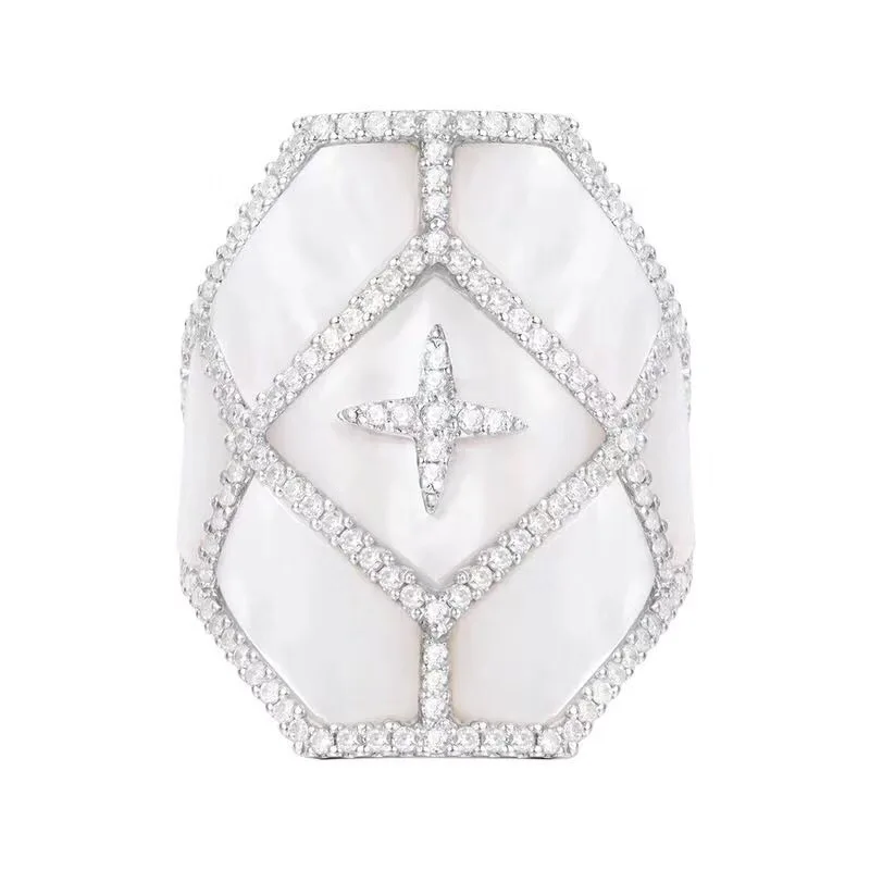 

SLJELY 925 Sterling Silver Mother of Pearl Star Art Angular Ring Micro Set Cubic Zirconia Stones Women Palace Collection Jewelry