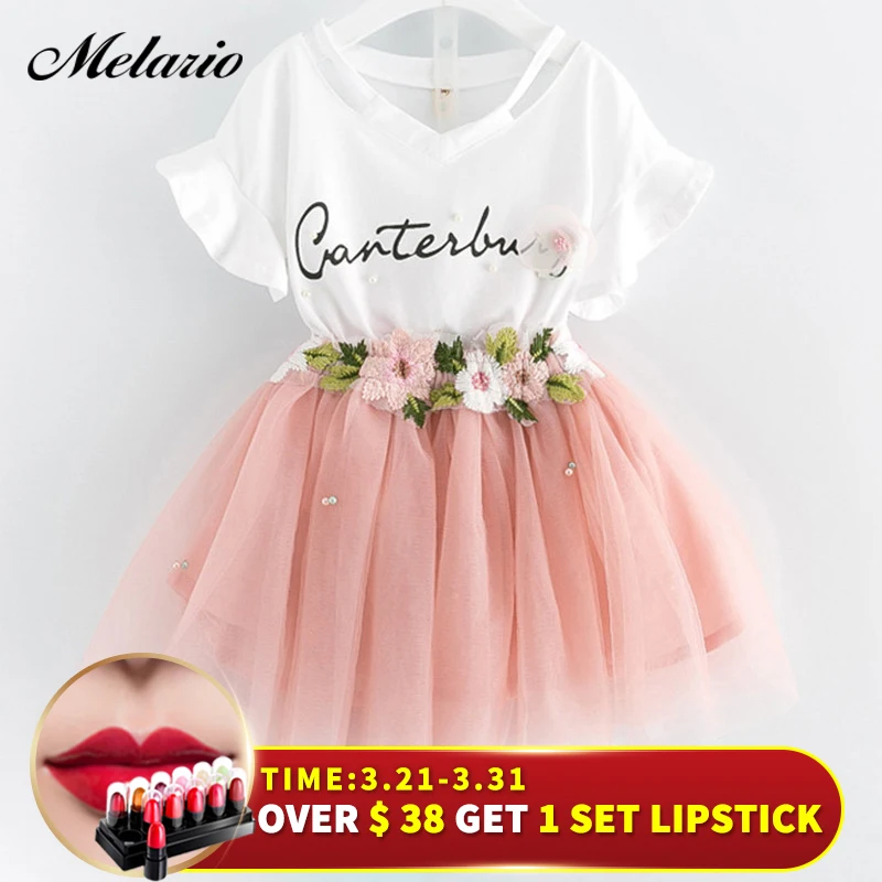 Girls Dress 2019 Brand Kids Clothes Butterfly Sleeve Letter T-shirt+Floral...