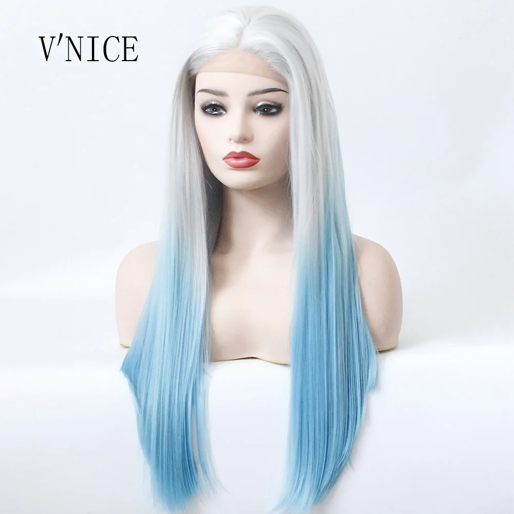 V'NICE серебристо серый корень Ombre синий длинный прямой парик из синтетического