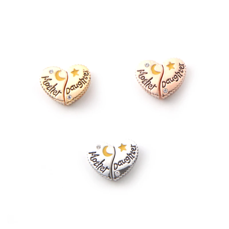 SANSHOOR Jewelry Love Heart Shaped Mother Daughter Slide Charms Fit 10mm Stainless Steel Mesh Bracelet Accessories DIY Making