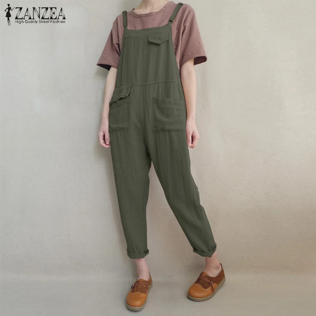 Fashion Women Jumpsuits ZANZEA Vintage Strappy Pockets Solid Long Rompers Casual Loose Cotton Linen Dungarees Bib Overalls 2018