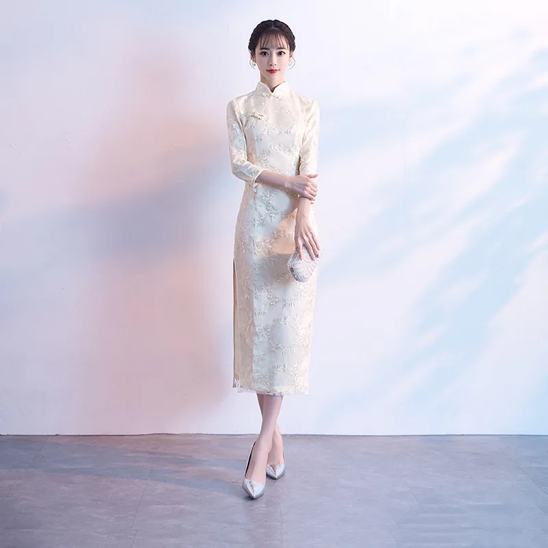 Новинка весны, женское элегантное кружевное длинное платье Чонсам с вышивкой, китайское платье ручной работы на пуговицах, свадебное вечернее платье Vestidos