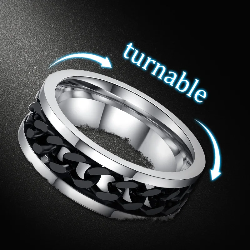 Black Titanium Steel Spinner Chain Ring for Men