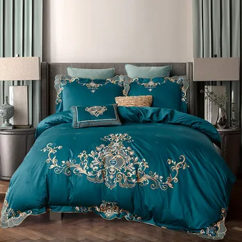 

Blue Gray Pink Red Luxury European Gold Royal Embroidery Egyptian cotton Bedding set Jacquard Duvet Cover Bed sheet Pillowcases