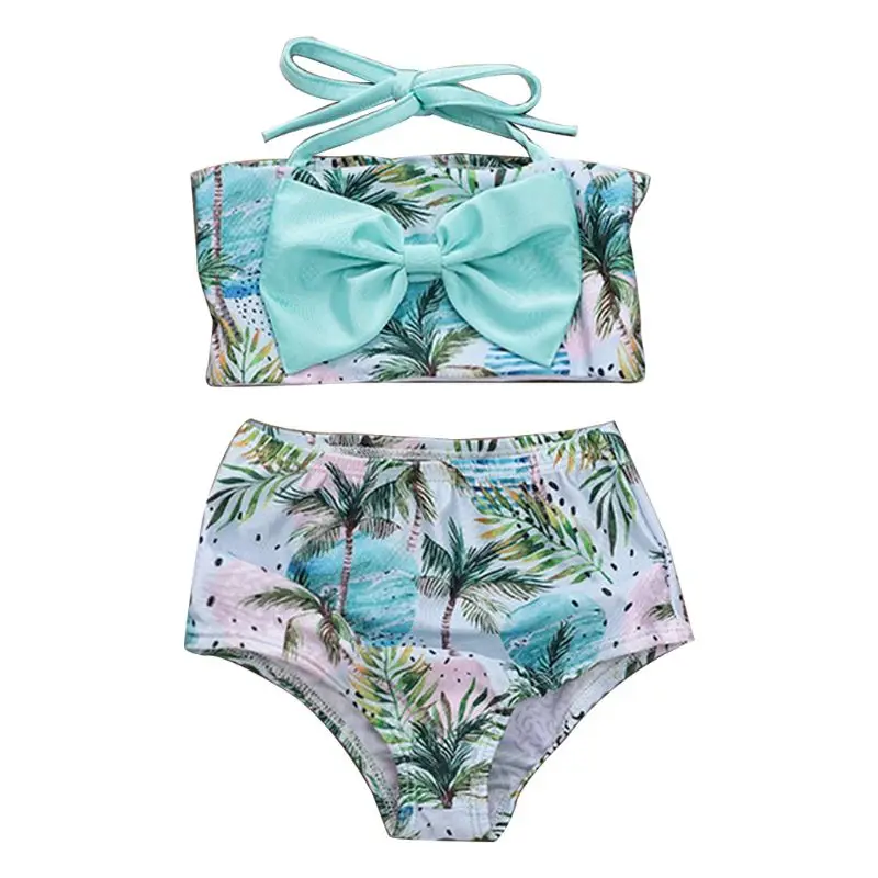 

2 Pcs/set Seaside Swimming Pool Children Kids Cute Swimsuit Coconut Wave Printing Girls Sling Split Type Swimsuits Clothes Suit