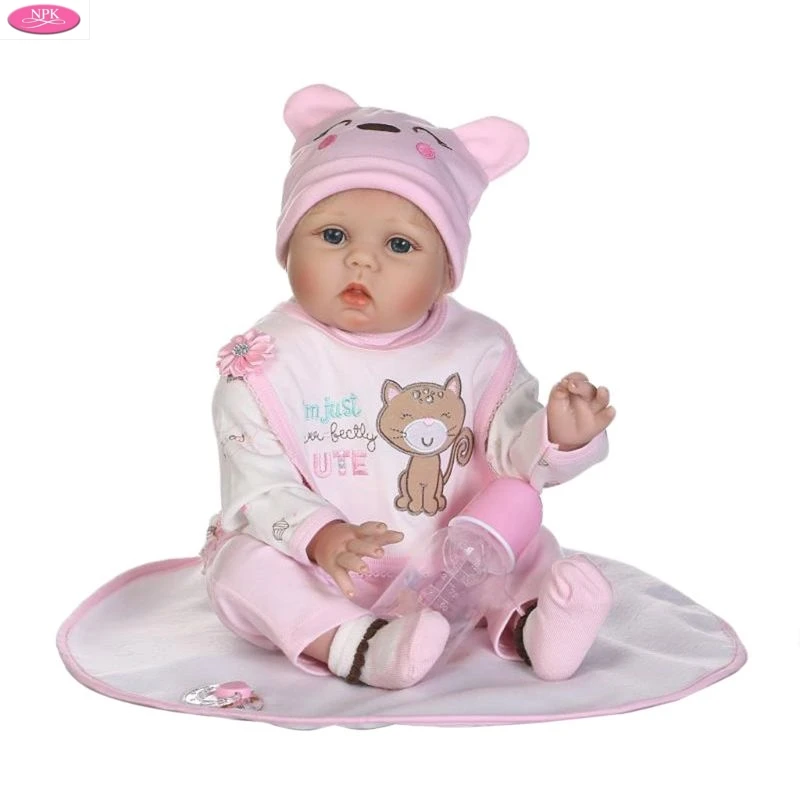 

22inch Silicon Newborn Lifelike Baby Doll Blanket Apron Cartoon Clothes Pink Pants Hat Hair Clip Early Childhood Kids Christmas