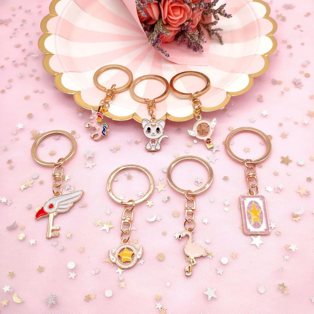 

2019 New Cartoon girl heart keychain for women bag cat key ring creative cute pink flamingo keychains simple jewelry gifts
